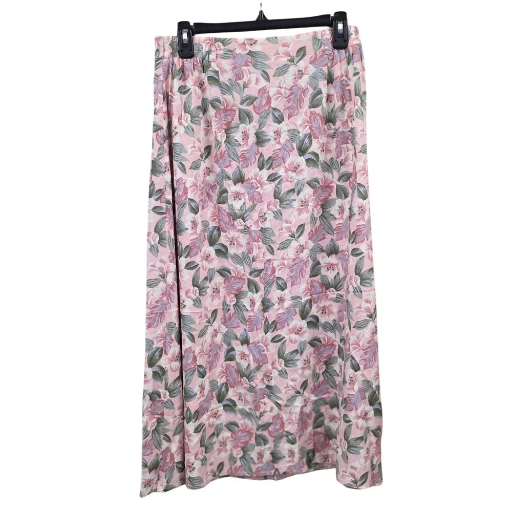 VTG Pinup A-line Boho Long Skirt Women M Pink Floral Button Front Rayon 80s Prep
